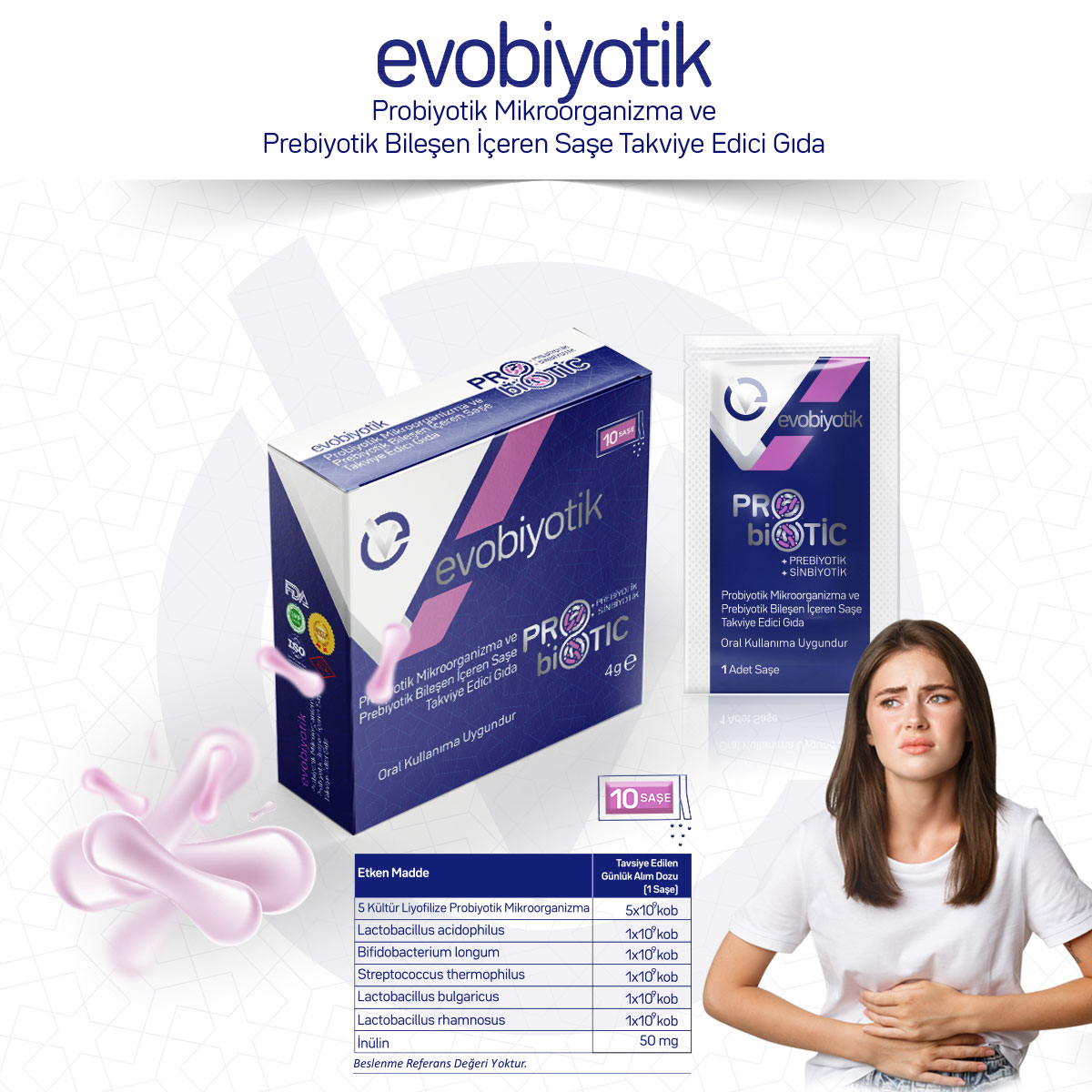 EVOBİYOTİK Probiyotik Mikroorganizma ve Prebiyotik Bileşen İçeren Saşe Takviye Edici Gıda/10 Saşe 388